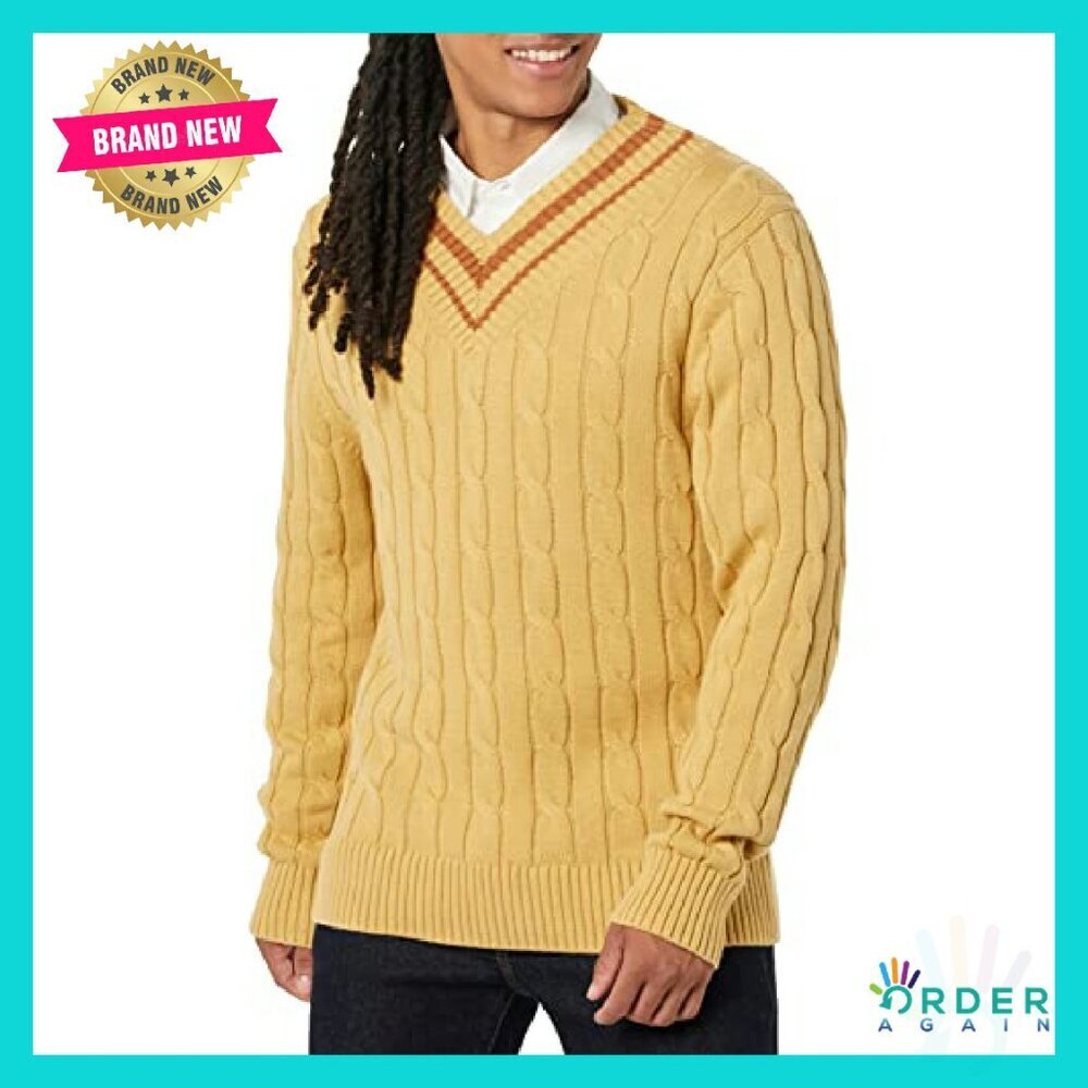Men's Cable Knit V-Neck Sweater Classic Minimal Preppy Layering Essential - Picture 2 of 8